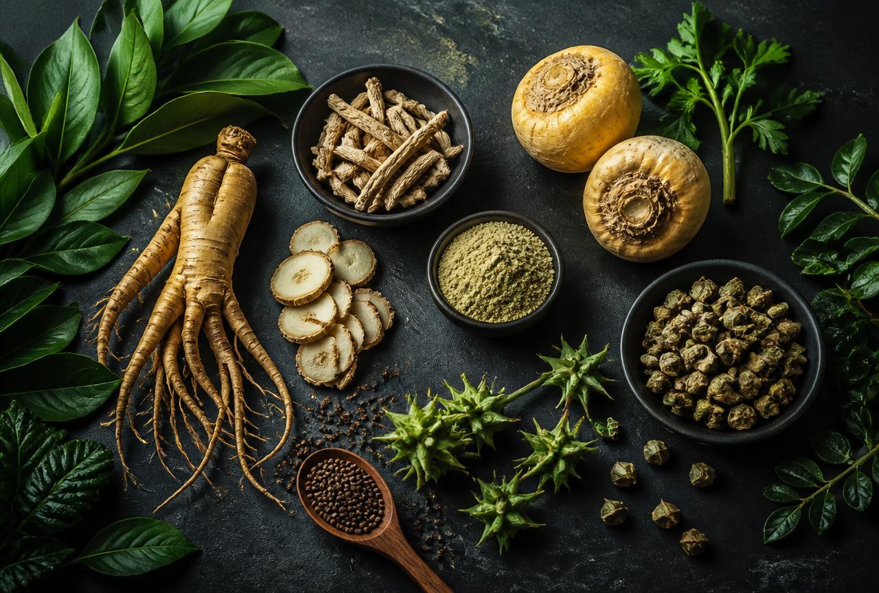 Natural herbal ingredients in MediBloom Male Enhancement including ginseng and maca root